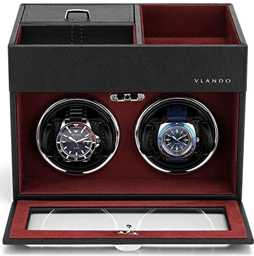 Vlando Automatische Uhrenbeweger 2 Uhren, Watch-Winder Leder mit Schmuckaufbewahrung Taschleerer, Japanischem Leisen Motoren, LED Beleuchtung, Wechselstromadapter, Luxuriöse Uhrenbeweger Box