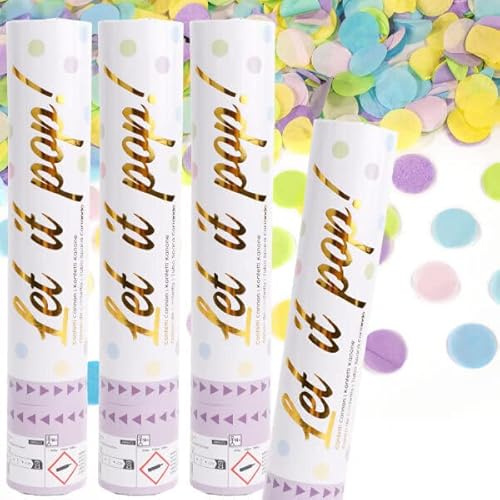 Carpeta 4 x Konfetti-Kanonen für einen Konfetti-Regen | 2-3m Effekthöhe, 28cm Party Popper mit Folien- und Papierkonfetti | Konfettikanone Hochzeit Geburtstag, Edition: Konfettikanone Bunt Pastell