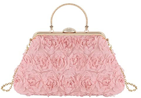 Meliyya Damen Blumen Clutch Strass Brauttasche Kette Schultertasche Handgriff Abendtasche Umhängetasche Hochzeit Prom Party Handtasche, Rosa