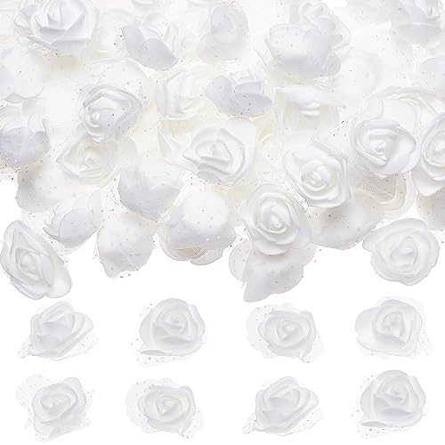 CRASPIRE 100Pcs Foam Rose Heads with Lace Edge White 3D Artificial Flower Head Small for DIY Crafts Accessories Valentine's Day Home Party Wedding Bridal Bouquet Decoration 1.7 x 1.7in