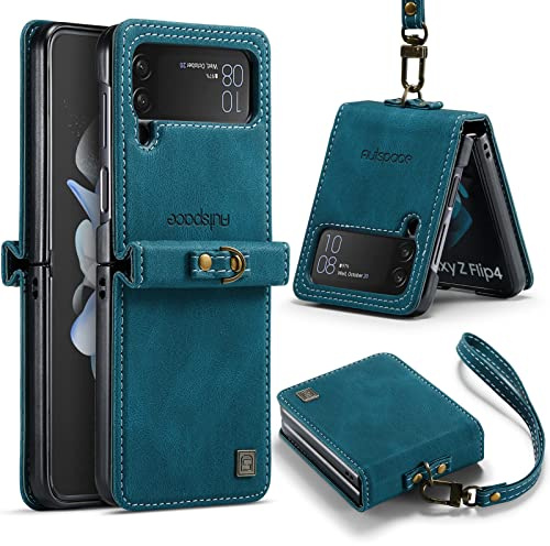 EYZUTAK Coque pour Samsung Galaxy Z Flip 4 5G,Premium Etui à Rabat en Cuir PU avec Fentes pour Le Bracelet Support Antichoc Silicone Housse en Cuir Rétro -Bleu