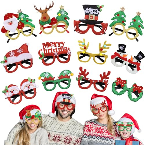 Itoyx Weihnachtsbrillen,12 Stück Partybrillen Set fotobox weihnachtsassesoires weihnachten brille weihnachtsmützen weihnachtsverkleidungen Kinder Partybrillen Lustige Brille für Partydekoration