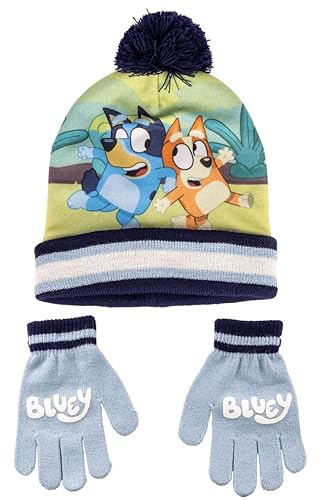 Bluey mössa och handskar set - blå och vit färg - en storlek - tillverkad av akryl och polyester - Bluey och bingo-tryck - originalprodukt designad i Spanien