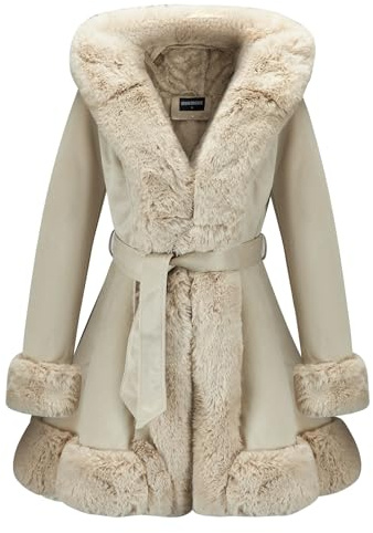 GRAN ORIENTE Beige Suede Jacket for Women with Faux Fur Collar,Long Sleeve Warm Winter Parka Coat with Belt Outerwear(056 Beige XL)