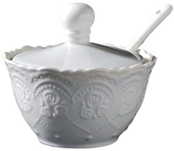 BgnEhRfL Sucrier avec Couvercle sucrier sucrier en céramique Blanche, Pot d'assaisonnement de Cuisine en Relief de Motif de Fleur de Style européen avec Couvercle et cuillère en Porcelaine