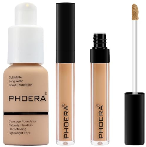 PHOERA Foundation, PHOERA Liquid Concealer, natürliche Abdeckung, leichte Concealer, PHOERA Foundation Make-up für Frauen (104 Buff Beige+104#CUSTARD)