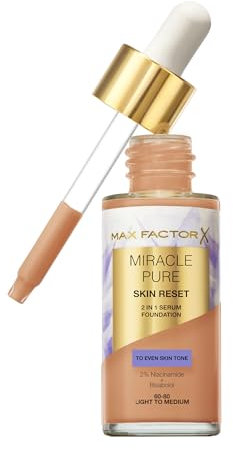 Max Factor Miracle Pure Skin Reset Foundation, 2-in-1 Serum und flüssige Foundation, natürliche Deckkraft mit mattem Finish, Reset-Komplex, Fb. 60-80 Light to Medium