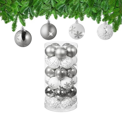 Relaxdays Boules de Noël, Lot de 30, en Plastique, D : 6 cm, Paillettes, Mates, Brillantes, déco Sapin, argenté/Blanc