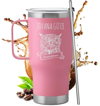 Maverton Personalisierter Thermobecher 600 ml mit Griff - rosa Trinkbecher mit Deckel und Strohhalm - Edelstahl Kaffeebecher to go 100% dicht - Abschiedsgeschenk Erzieherin - Geschenk für Lehrer
