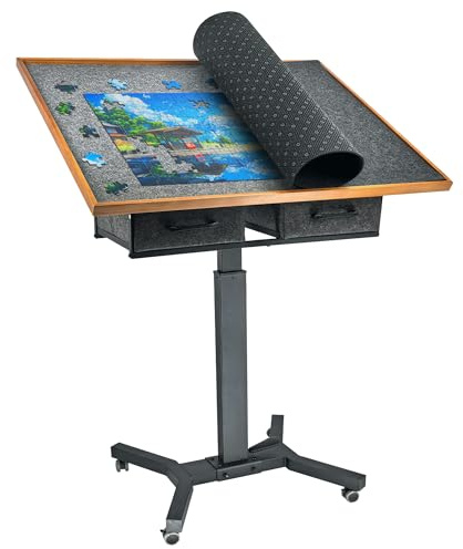 FATIVO Pusselbord 1 500 delar, justerbar höjd med hjul 70 × 90 cm, med 2 tyglådor, mobil pusselbräda, 74–98 cm för vuxna, pusselbräda, justerbar vinkel, svart, brun