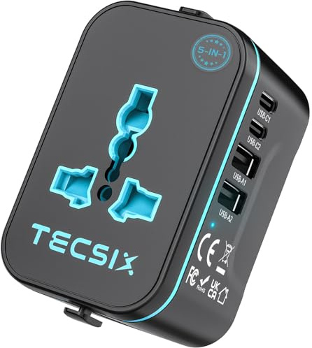 Universal Travel Adapter Worldwide, TECSIX European Travel Plug Adapter with 2 USB C, 2 USB A and Multi AC Outlets, International Power Converter for EU US UK AUS 200+ Countries Type A C G I
