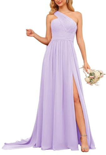 KURFACE Vestido de dama de honor con un hombro descubierto para mujer, con abertura, plisado, de gasa, vestido formal de invitada, Lila, 38