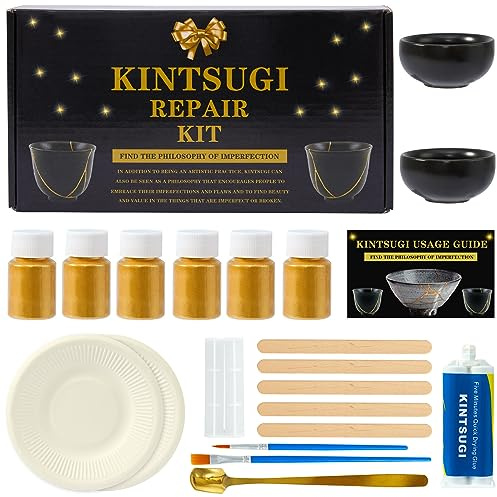 deuvuo Kintsugi Repair Kit Gold, 21 Pcs Japanese Kintsugi Kit to Revive Your Broken Ceramic, Pottery, Mug, Bowl, Glass, Clay, Wood, Keepsakes with Ease - Kintsugi Repair Set