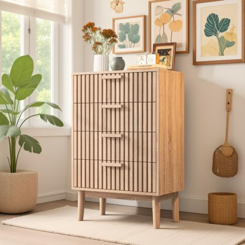USROCAS Kommode Rattan aus Holz mit 4 Schubladen, Sideboard Eiche mit Kippschutz, Schlafzimmerkommode, Kommode für Wohnzimmer, Flur, Schlafzimmer, 60 x 34 x 91 cm (Natural)
