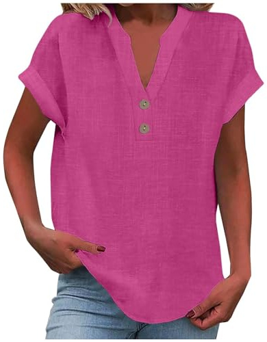 Women's t-Shirts, Ladies Tops 2025 Women's Summer Cotton Linen Cap Sleeve T-Shirt Button V Neck Tunic Top Fashion Baggy Solid Plain Casual Shirts Trendy Blouse Hot Pink