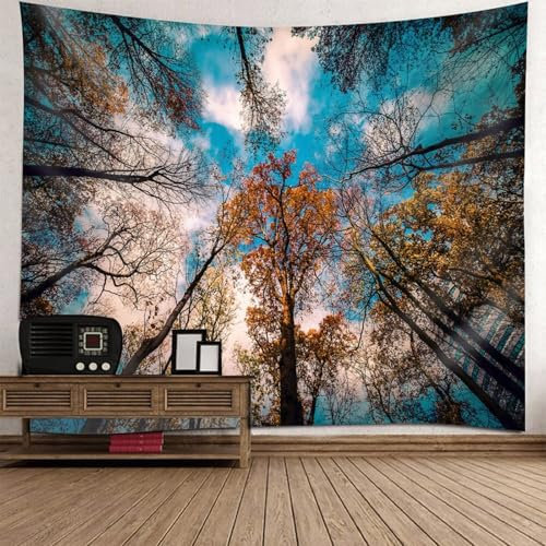 Aotiwe Wandtuch Boho, Wall Tapestry Aesthetic Bäume Himmel Orange Gelb Blau Tapestry Vintage 240x220cm