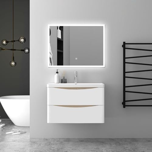 Biubiubath 80cm Bathroom vanity unit 3 Piece Set with Washbasin and Anti-fog LED mirror with lights,design up with 2 large drawers
