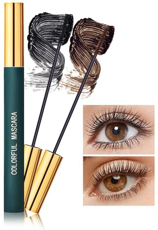 Mascara Wasserfest mit Ultrafeiner Bürste für Kurze Wimpern, Wimperntusche Schwarz Braun Volume und Lange Wimpern, Langlebig Wischfest, Fast Dry Mascara Lash Extension Effect Makeup für Frauen-01+02