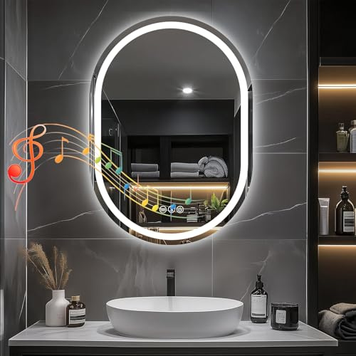 Trintion Badspiegel Mit Beleuchtung,50x70cm,Oval Spiegel mit Beleuchtung, Badspiegel mit Touch-Schalter, Beschlagfrei,3 Lichtfarbe 3500K-6500K (Bluetooth+Nebelfrei+Dimmbar)