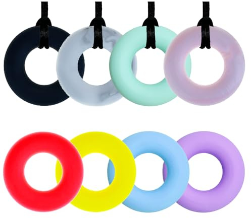 FITULABO 8 Pack Sensory Chew Necklace, Anxiety Relief Chewelry Silicone Chewy Buddy Toys for Autistic Children, Oral Motor, Autism ADHD SPD, Donut Shape (8, One Size)