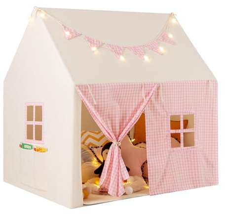 COSTWAY Tienda de Campaña Infantil, Carpa Infantil con Tapete Acolchado, 2 Ventanas y 2 Bolsillos de Almacenamiento, Luces de Estrellas y Pancarta de Bandera, para Niños de 3 a 8 Años (Rosa)