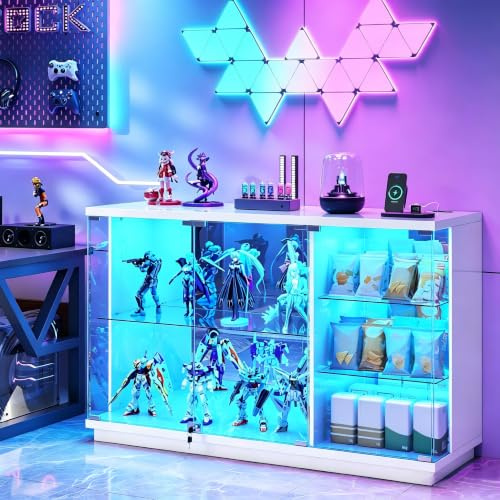 High Gloss Glass Display Cabinets with 3 Color Lights for Collectible White | Glass Sideboard with Lockable and Human Body Sensor,Display Case with USB & Type-c for Curio,Collectibles,Wine,Living Room