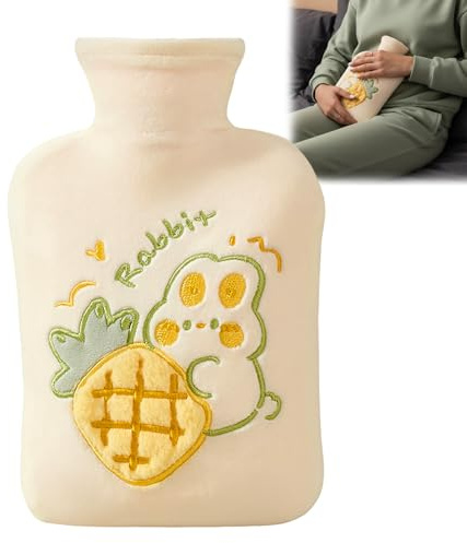 Wärmflasche mit Weichem Bezug, 1L Wärmeflasche Groß Flauschig, Wärmflasche mit Vliesbezug, Naturkautschuk, zur Nacken- und Rückenwärmung, für Familie, Geschenke für Frauen (Gelb)