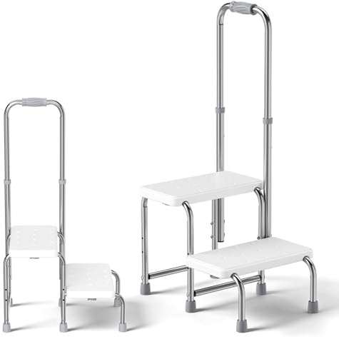 Dual Step Stool with Handle, Adjustable Height 2 StepStool for Elderly Kids with Non-Slip Platform and Rubber Feet, Portable Foot Stool with 150 kg Capacity for Bathroom Kitchen Car Bedroom