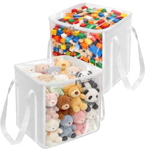 2 Pack Clear Toy Storage Bags with Zips, 27L Large Transparent PVC Storage Boxes with Reinforced Base & Handles, Foldable Organiser Bins for Kids Soft Toys, Building Blocks, Clothes, 30.5x30.5x29cm