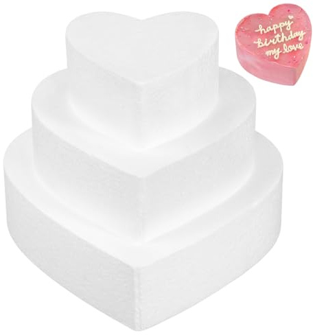 BESPORTBLE 3-Piece Heart Shaped Cake Dummies, Polystyrene Foam Bases for Icing Practice and Display, White Foam Cake Tiers for DIY Wedding and Birthday Decorations (4, 6 and 8 Inch)