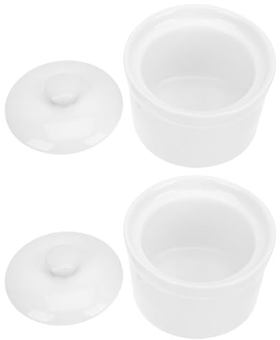 DEARMAMY Lot de 2 Bols à Soupe en Porcelaine Blanche 380 Ml avec Couvercle Cocottes en Céramique pour Cuisson Four, Micro-ondes et Vapeur, Marmites pour Ragoût pour Service et Famille