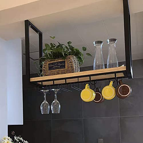 KHLMSRXJ Mensole galleggianti a soffitto - Portabottiglie sospeso, Portabicchieri da Vino a Parete, Portabottiglie in Legno massello sospeso al soffitto, Portaoggetti Multifunzionale in fer