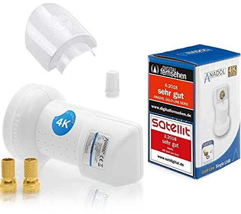 [ Test 2X SEHR GUT ] Anadol GoldLine Digital Single LNB-0.1dB HDTV, 4K, UHD, Full HD - kälte & hitzebeständig (-30 bis 60°C)- für 1 Teilnehmer - 1-Fach LNB + 2 F-Stecker + LNB Wetterschutz-Haube