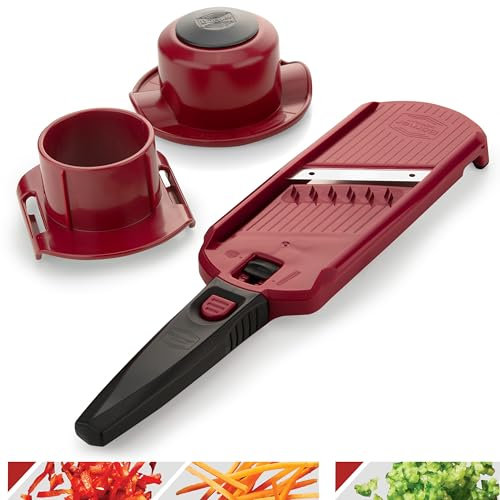 Börner Multi Dicer Coupe-julienne Set • Coupe-julienne pour fruits et légumes avec 2 types de coupe • Coupe-julienne + Porte-fruits + rail • Set de rabots de cuisine (rouge/noir)