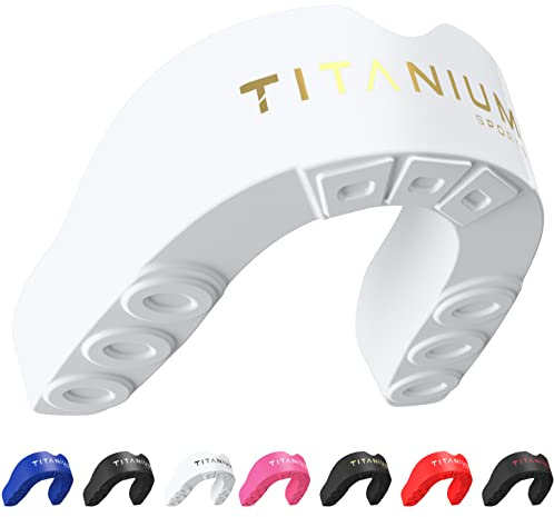 Titanium Sports Protector bucal premium – Protector bucal deportivo de ajuste delgado con funda – Protector de goma para protección de mandíbula en deportes de contacto, hockey, fútbol bucal