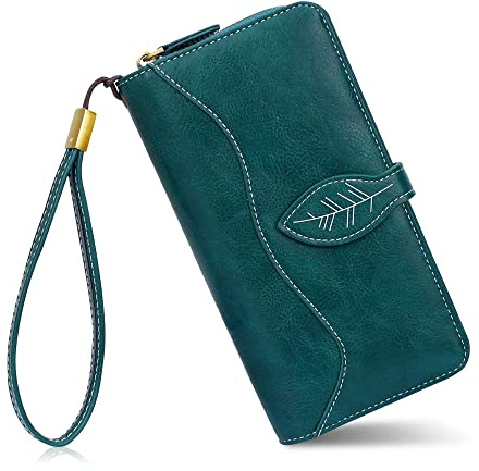 conisy Geldbörse mit großem Fassungsvermögen für Damen, langes Leder, mehrere Kartenfächer, RFID-Schutz, Pfauenblau