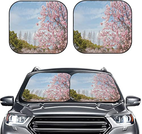 Auto Sonnenschutz Auto Zubehör Sonnenschutz 2-teilig 74x60cm mit Aufbewahrungstasche Sonnenschutz Auto Frontscheibe Faltbar Rosa Motiv Kirschblüten Mount Fuji-Tempel Auto Scheibenabdeckung Sommer