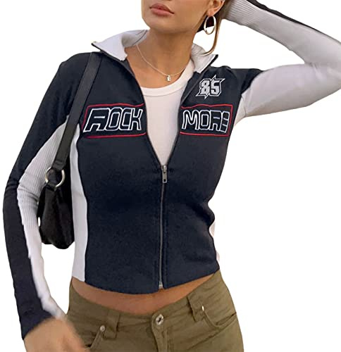 L&ieserram Damen Zip Up Kurze Jacke Vintage College Baseball Jacke Crop Sweatjacke Übergangsjacke Sweatshirt ohne Kapuze Y2K Aesthetic Clothes Frühling Herbst (A - Schwarz & Weiß, S)
