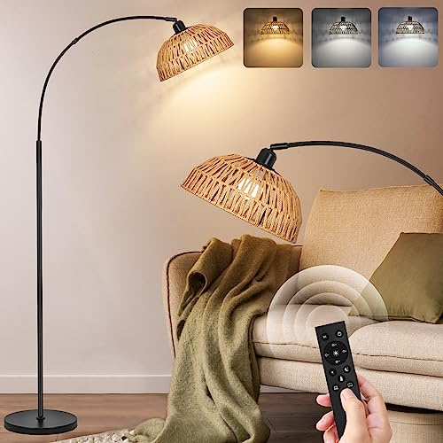 Rattan Floor Lamp- Modern Black Standing Floor Lamps with Remote Control and Stepless Dimmable Bulb, Hand-Worked Adjustable Rattan Lamp Shades Bohemian Floor Lamps for Living Room, Bedroom, Office