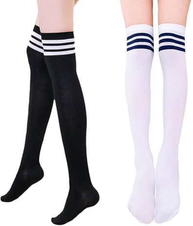 KEYRI 2 Paar Kniestrümpfe Wadenstrümpfe, Halterlose Strümpfe Mittelschenkelsocke 3 Gestreifte Lange Röhrenstrümpfe, Einheitsgröße Modisch und Vielseitig Leicht zu Kombinieren (1 Schwarz + 1 Weiß)