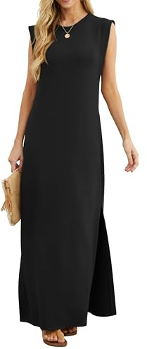 Grecerelle - Abito estivo da donna, casual, a maniche corte, elegante, basic, senza maniche, maxi abiti per donne UK con spacco e tasche, 01 Nero, L