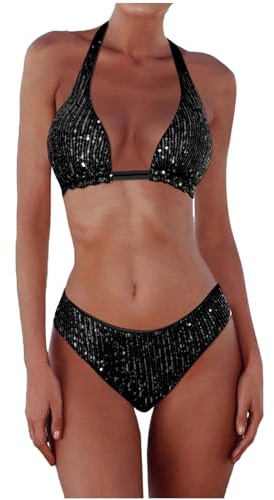 Costume Bikini Triangolo Multicolor con Paillettes Costume da Bagno Bikini A Triangolo Multicolore con Paillettes da Donna Bikini Donna Mare Fascia Brasiliano Sexy (Black, S)