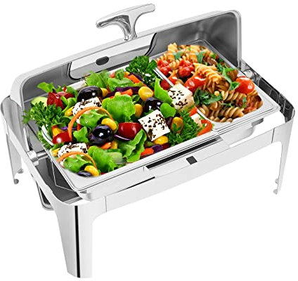 Rolltop-Chafing Dish, 14,3 QT Edelstahl-Chafing Dish mit Pfanne in voller Größe, rechteckiger Catering-Wärmespender mit Deckel, Chafing Dish-Buffet-Set mit 3 Töpfen für Catering, rollende Buffet-Serv