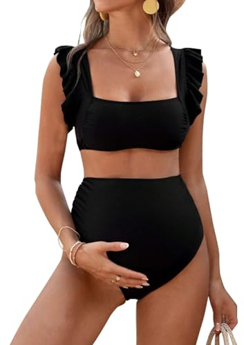 Tiorhooe Costume da Bagno per Donne in Gravidanza, Set Bikini a Vita Alta, Due Pezzi, Costume da Mare per la Gravidanza, Nero 2, XL