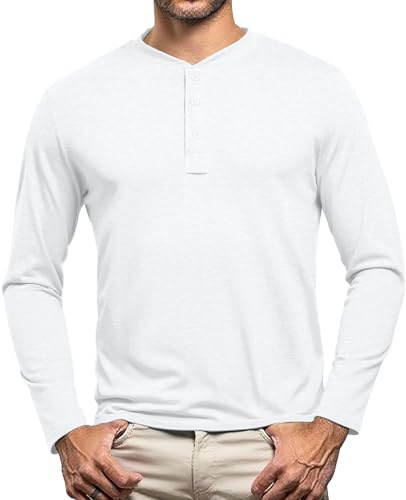 Volemo Camiseta Henley Hombre T Shirt Botones Camisetas Algodon Camisa Casual Camisas Manga Larga Blanco M