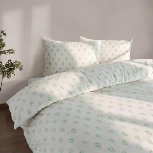 Vision Linens Sage Botanical Matching Polycotton Duvet Cover & Pillowcase Set - Double (200 x 200cm) | 144 Thread Count | 52% Polyester, 48% Cotton | Lightweight | Machine Washable
