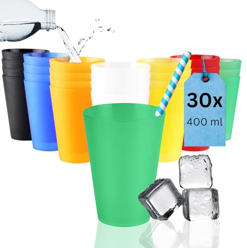 S&S-Shop 30 Hartplastik Trinkbecher 400ml, Mix Set, 6 Farben, Mehrwegbecher, Cocktailgläser, Camping, Kindergeschirr, JGA, Stapelbecher, Partybecher, Kunststoffbecher