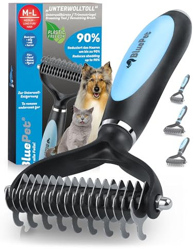 BluePet UnterwollToll Hundebürste langhaar & Katzenbürste langhaar I Unterwollkamm entfernt Unterwolle & Verfilzungen I Deckhaarschutz (Blau, M-L Große Hunde (dicker Griff))
