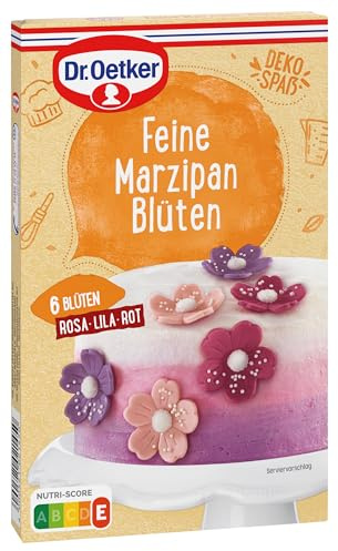 Dr. Oetker Feine Marzipan Blüten, 11 x 6 Stück, große Blüten aus Marzipan mit Dekorzucker, Ø 4 cm, zum Dekorieren von Torten, Kuchen & Cupcakes, florale Kuchendeko in Rosa, Lila und Rot