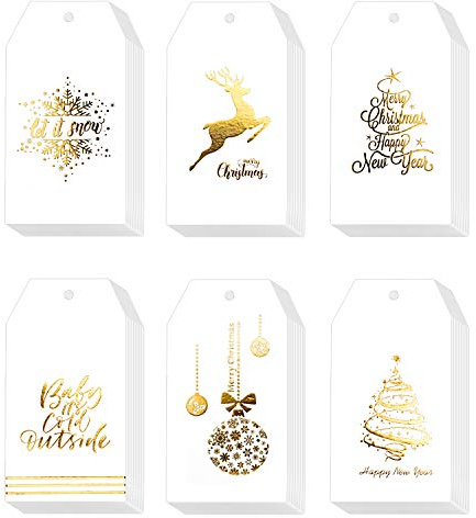 Whaline 120 Pcs Christmas Gold Foil Paper Gift Tags Holiday Hang Name Tags Label with Twine for DIY Xmas Present Happy New Year Party Decoration
